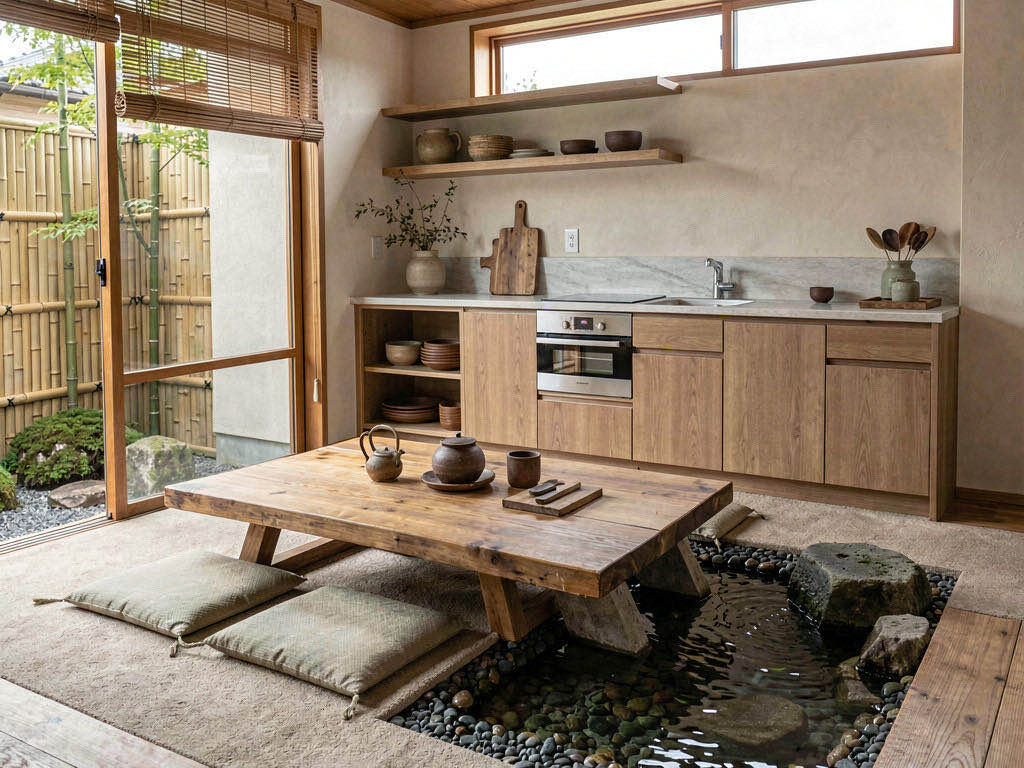 Zen Kitchen with glass-front upper cabinets