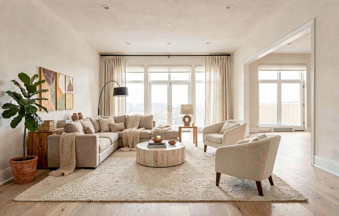 An empty living room furnished by AI, with the windows and floor unchanged