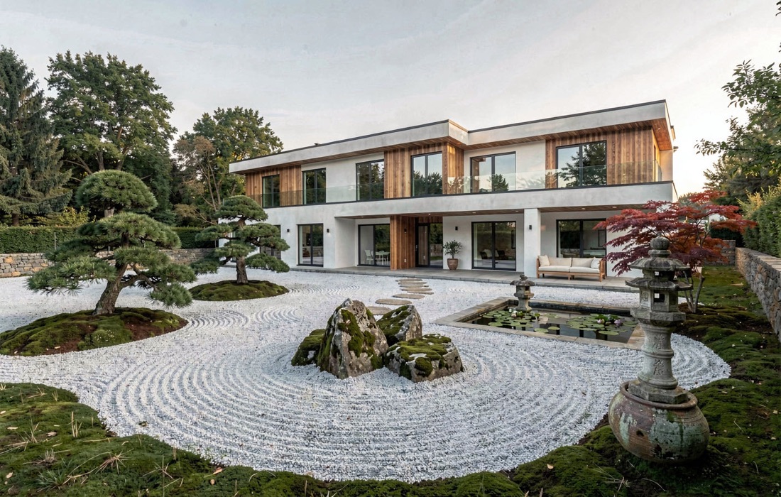A front garden redesigned as a Japanese zen garden, the house unchanged