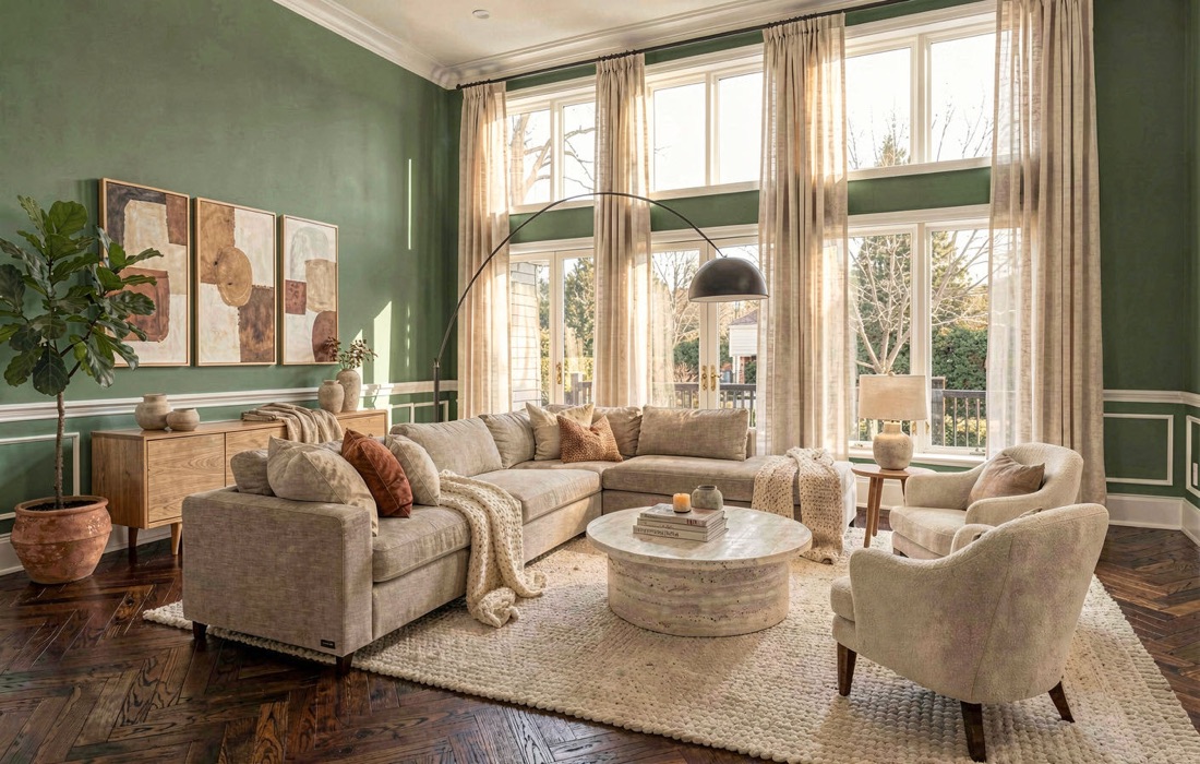 The same living room with its walls repainted sage green
