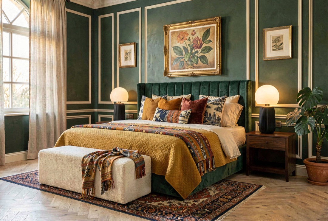A bedroom render shown at three zoom levels, holding detail at each