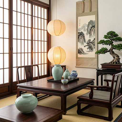 Asian Decor Living Room with exposed ceiling beams