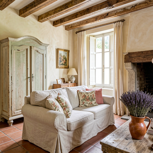 French Country Bedroom with floating nightstand